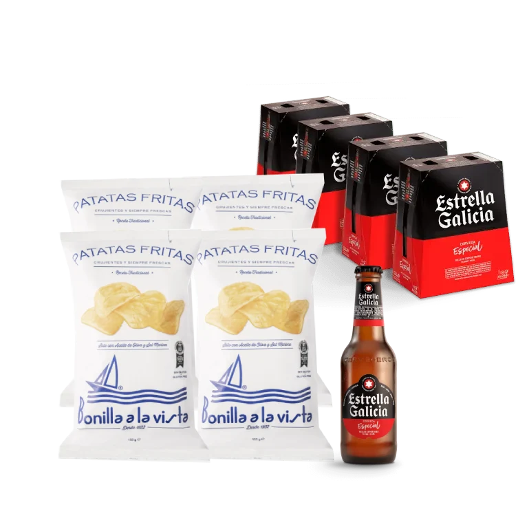 Pack Estrella Galicia Especial, 24 botellas de 25 cl + patatas Bonilla A La Vista, 4 bolsas de 150 g