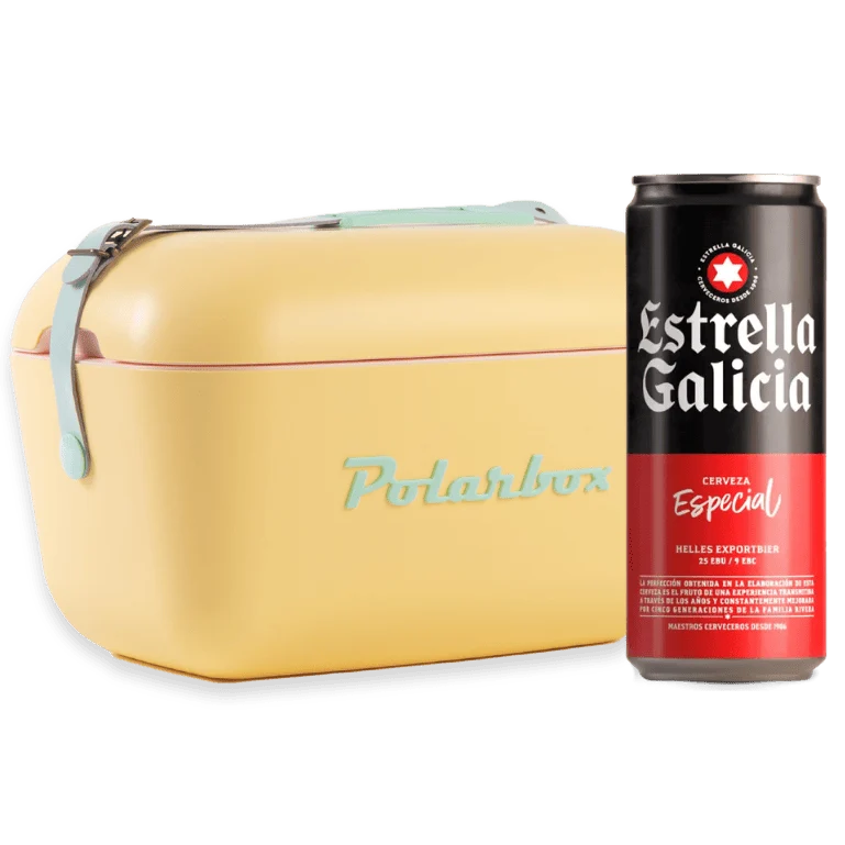Verano Vintage: Nevera Polarbox Amarilla + 24 Latas Estrella Galicia