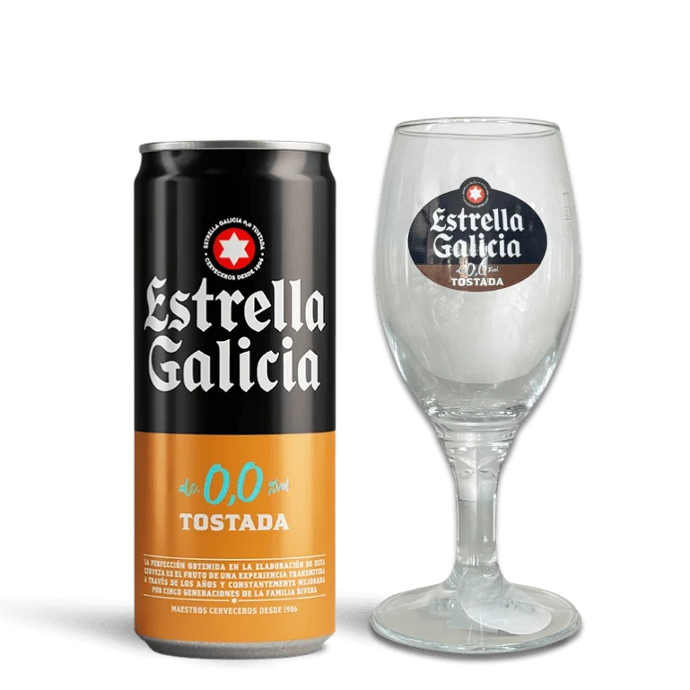 Pack Estrella Galicia 0,0 Tostada, frigopack de 10 latas de 33 cl + 6 copas