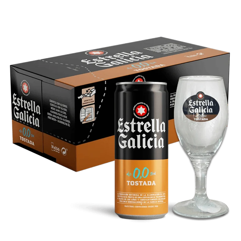 Pack Estrella Galicia 0,0 Tostada, frigopack de 10 latas de 33 cl + 6 copas