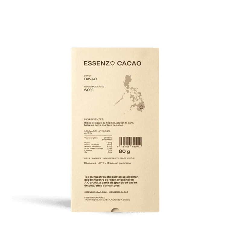 Chocolate Dark Milk Essenzo Filipinas 60% de Essenzo Cacao, 1 tableta de 80 g