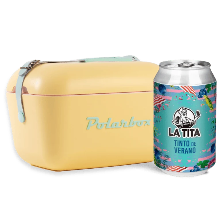 Verano Vintage: Nevera Polarbox Amarilla + 24 latas de Tinto de verano La Tita Rivera
