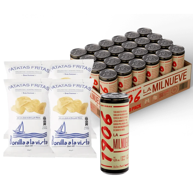 Pack 1906 La Milnueve, 24 latas de 33 cl + Patatas Bonilla A La Vista, 4 bolsas de 150 g