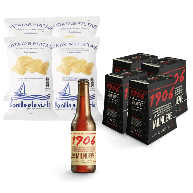 Pack Beer & Chips 1906 La Milnueve, 24 botellas de 33 cl + Patatas Bonilla A la Vista, 4 bolsas de 150 g