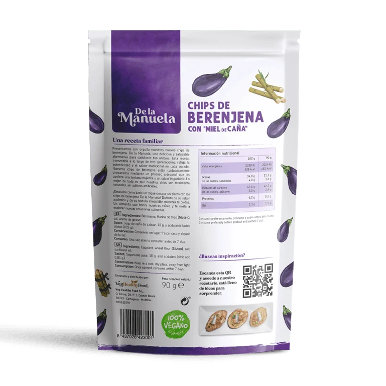 Chips de berenjena con miel de caña de De la Manuela, bolsa de 90 g