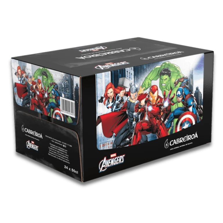Pack agua mineral edición Los Vengadores de Marvel de Cabreiroá , 24 botellas de 50 cl