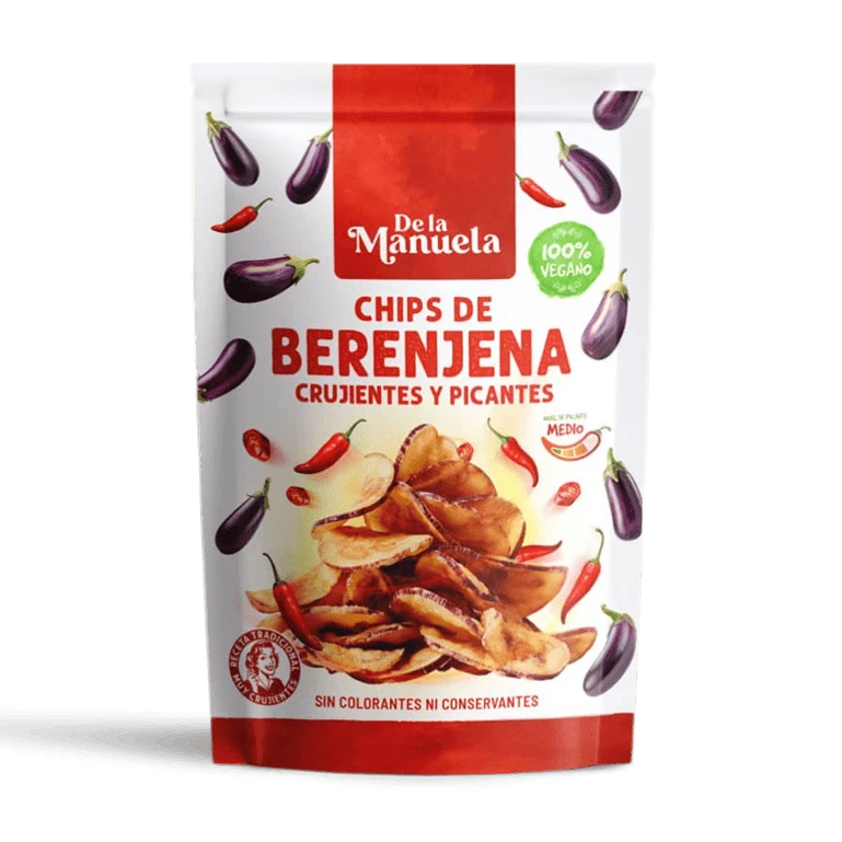 Chips de berenjena picante de De la Manuela, bolsa de 90 g