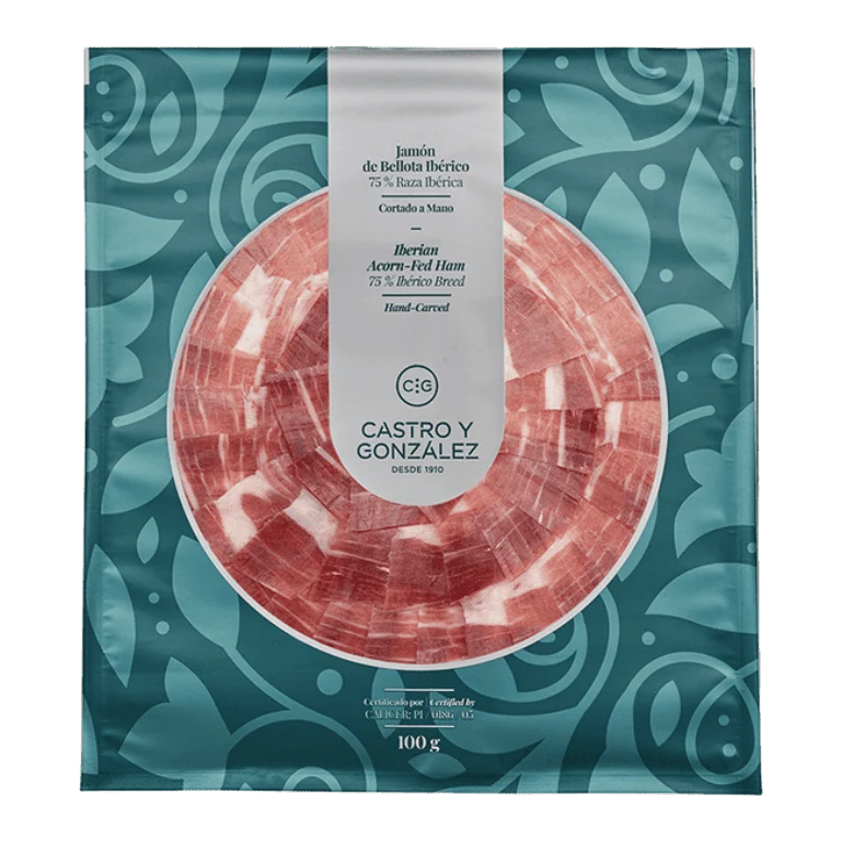 Jamón de Bellota Ibérico 75% raza Ibérica cortado a mano de Castro y González, sobres de 100 g