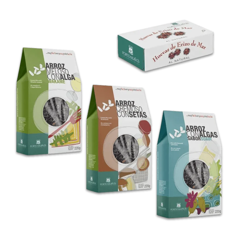 Pack de arroces cremosos de: algas suaves, alga Wakame, setas y huevas de erizo al natural de Porto-Muiños