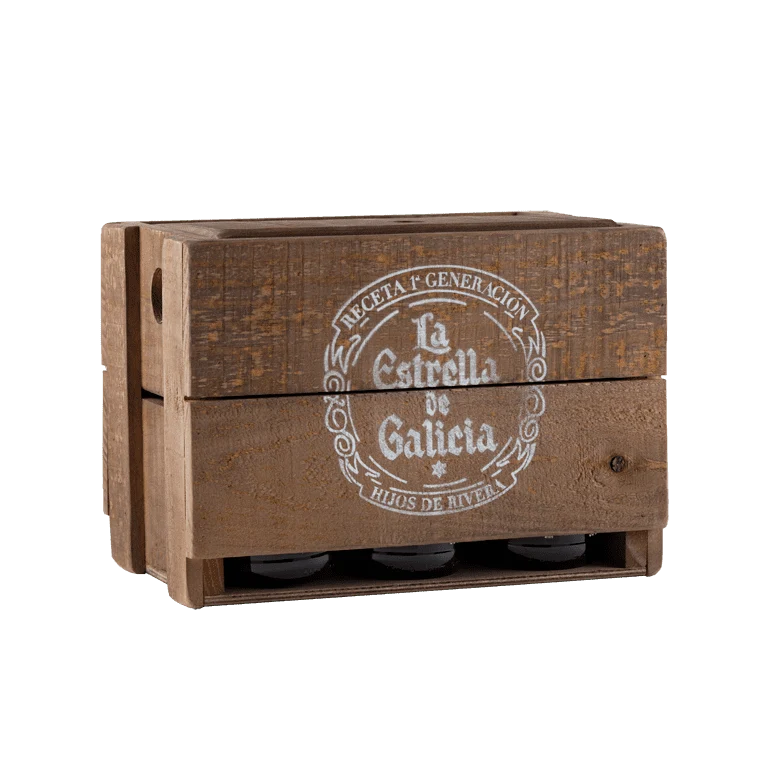 Pack caja madera rústica y la Estrella de Galicia, 6 botellas formato original