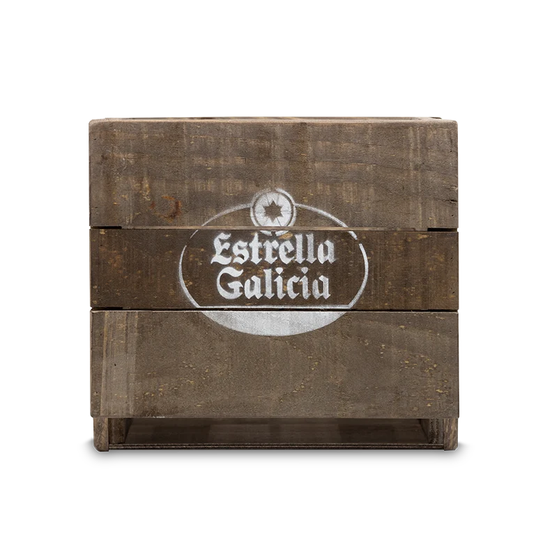 Caja de madera rústica de Estrella Galicia