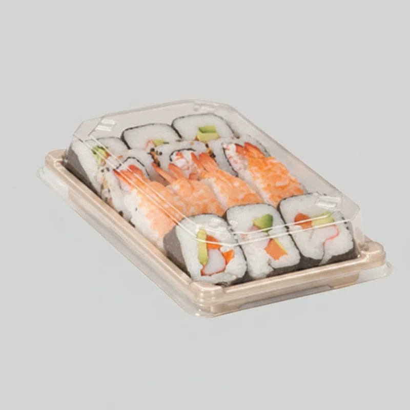 Envase sushi fibra de trigo + Tapa OPS. Varias medidas y unidades.